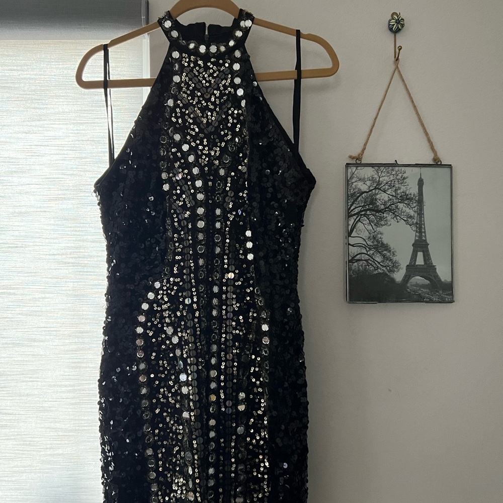 French Connection Black and Silver Sequin Halter Dress